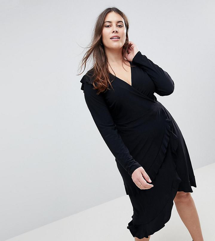 Asos Curve Frill Detail Wrap Dress - Black