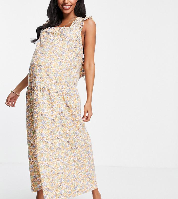 Violet Romance Maternity Cotton Poplin Maxi Dress With Bow Back In Floral-multi