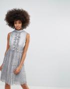 Darling Metallic Lace Midi Dress With Pleated Skirt - Silver