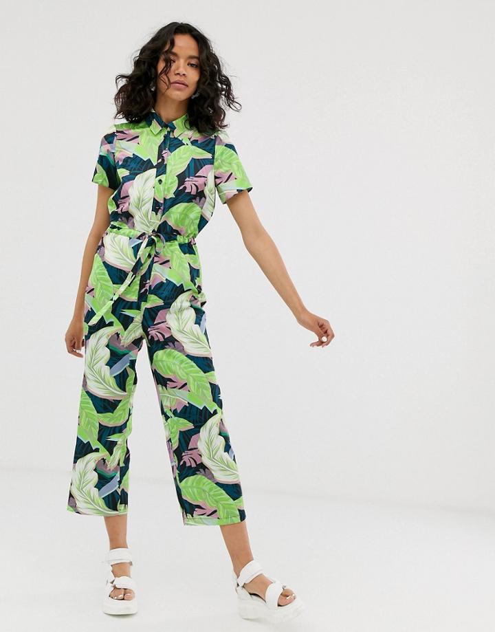 Asos Design Shirt Jumpsuit With Tie Waist In Leaf Print-multi
