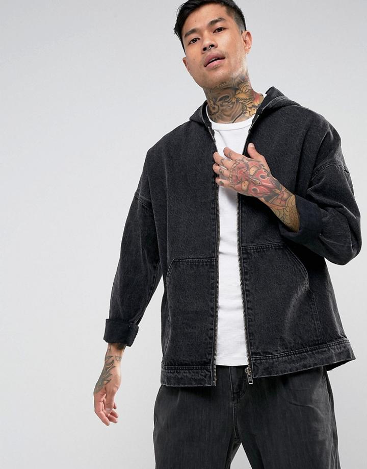 Asos Denim Jacket With Hood In Black - Black