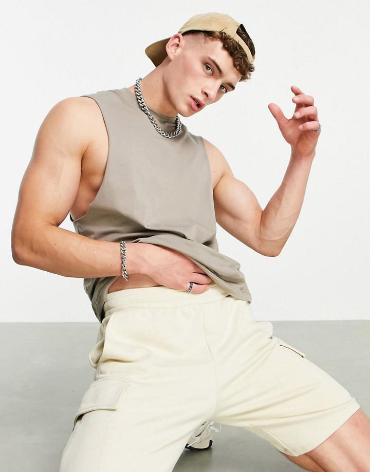 Asos Design Oversized Tank Top In Beige-neutral