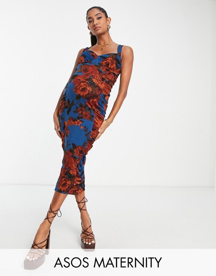 Asos Design Maternity Sweetheart Ruched Side Midi Dress In Teal And Rust Floral Print-multi
