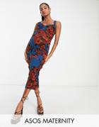 Asos Design Maternity Sweetheart Ruched Side Midi Dress In Teal And Rust Floral Print-multi