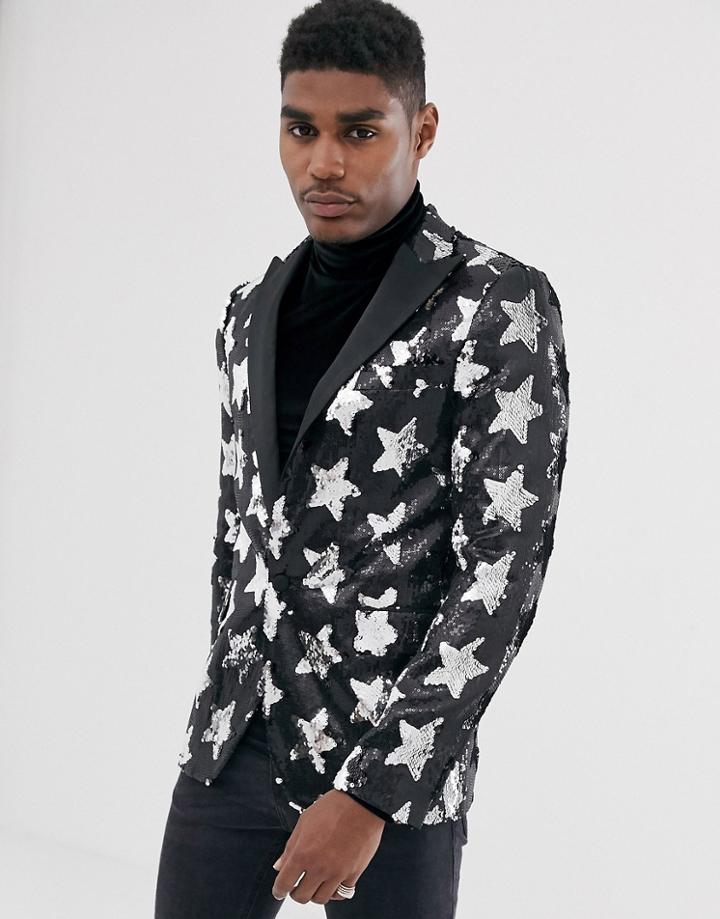 Devils Advocate Skinny Fit Black Sequin Star Satin Lapel Evening Jacket