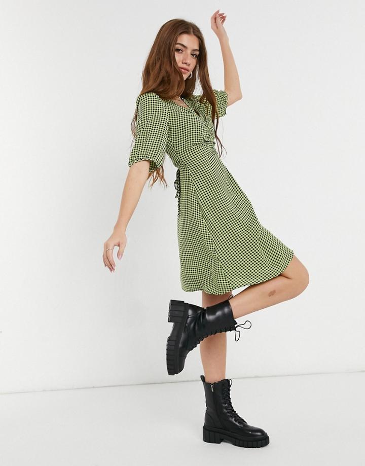 New Look Ruched Bust Mini Tea Dress In Green Gingham