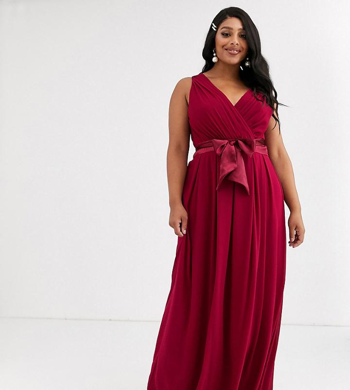 Tfnc Plus Bridesmaid Maxi Dress With Satin Bow Back In Mulberry