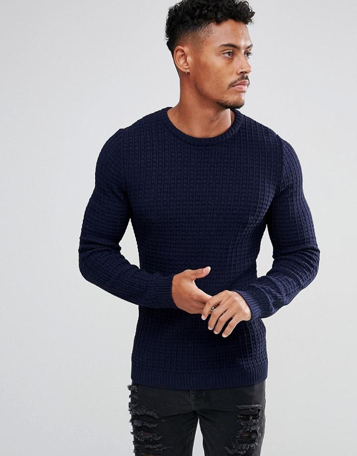 Asos Textured Crew Neck Sweater In Navy - Navy