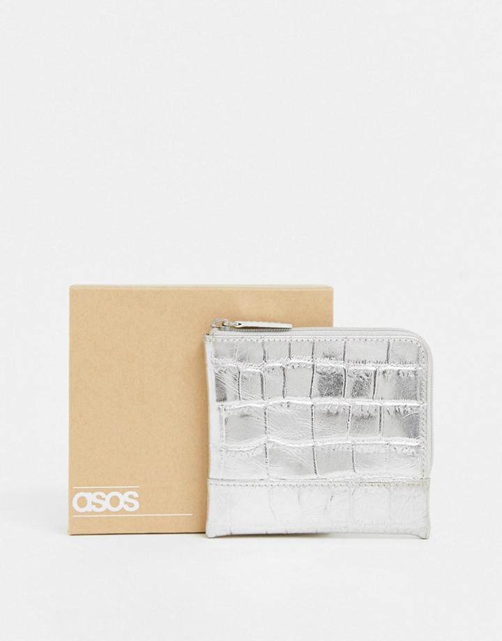 Asos Design Leather Zip Around Wallet In Silver Metallic