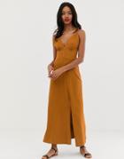 Asos Design Seamed Slub Maxi Dress With Button Detail - Orange