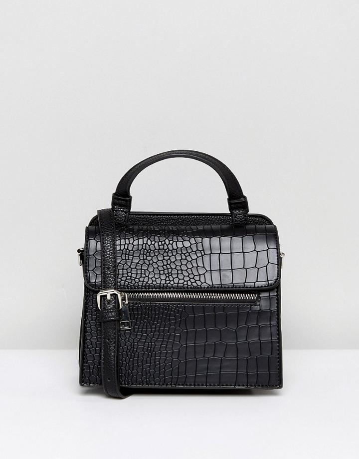 Lavand Mock Croc Crossbody Bag With Handle - Black