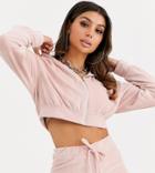 Fashionkilla Cropped Zip Through Velvet Hoody In Rose Smoke-beige