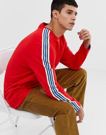 Asos Design Relaxed Longline Long Sleeve T-shirt With Shoulder Taping In Red - White