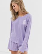 Asos Design Mix & Match Long Sleeve Jersey Top With Satin Detail - Purple