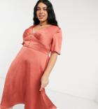 Chi Chi London Plus Button Down Flutter Sleeve Midi Skater Dress In Rust-brown