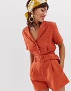 & Other Stories Belted Linen Blend Romper In Rust - Red