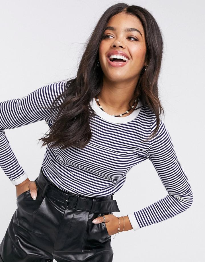 Brave Soul Ellis Stripe Long Sleeve Top-navy
