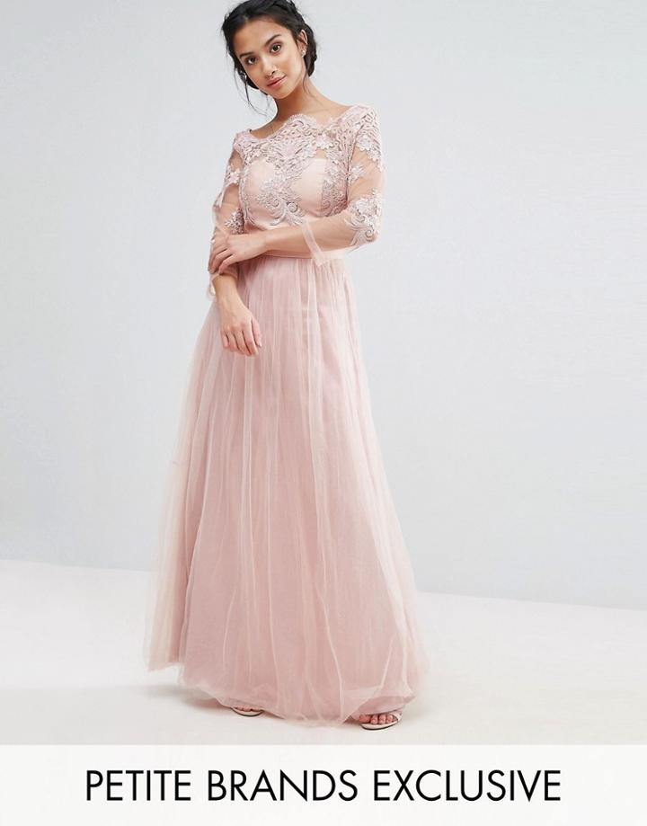 Chi Chi London Petite Allover Lace Top Maxi Dress With Tulle Skirt - Pink