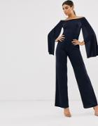 Club L London Bardot Flared Sleeve Jumpsuit-navy