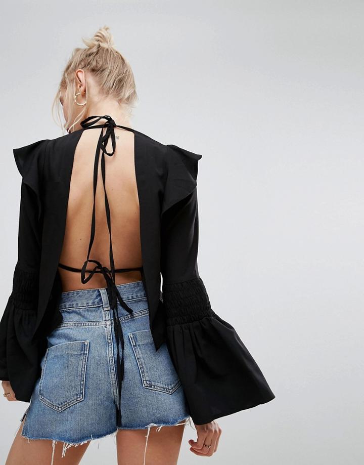 Asos Ruffle Top With Flare Sleeve - Black
