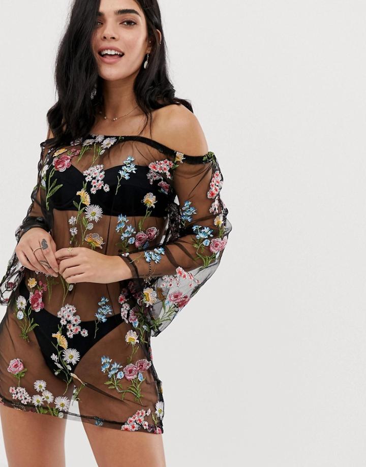 South Beach Floral Embrodiered Beach Cover Up - Black
