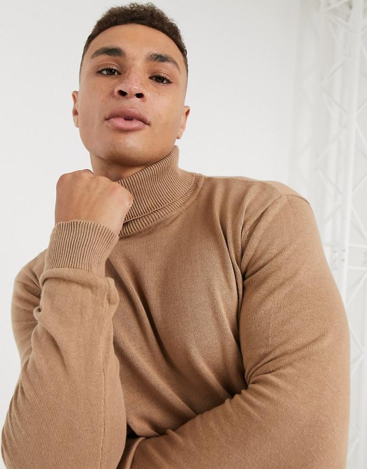 Brave Soul 100% Cotton Roll Neck Jumper In Tan-brown