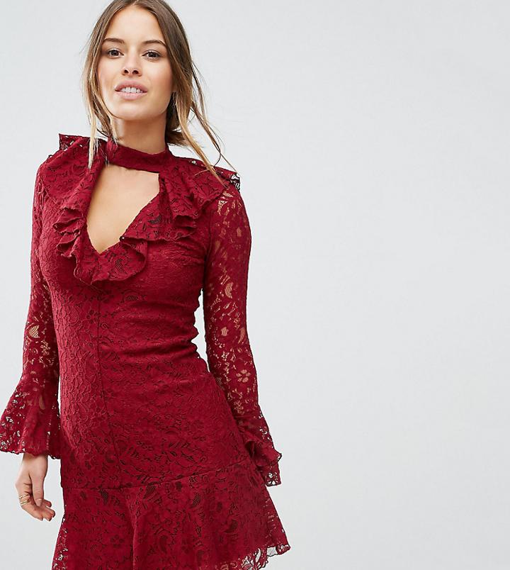 John Zack Petite High Neck All Over Lace Skater Dress With Layered Frill Hem - Red