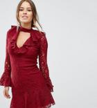 John Zack Petite High Neck All Over Lace Skater Dress With Layered Frill Hem - Red
