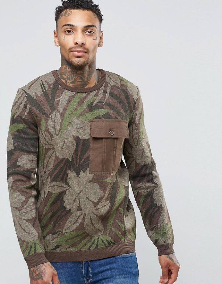 Asos All Over Floral Print Sweater With Contrast Pocket - Green