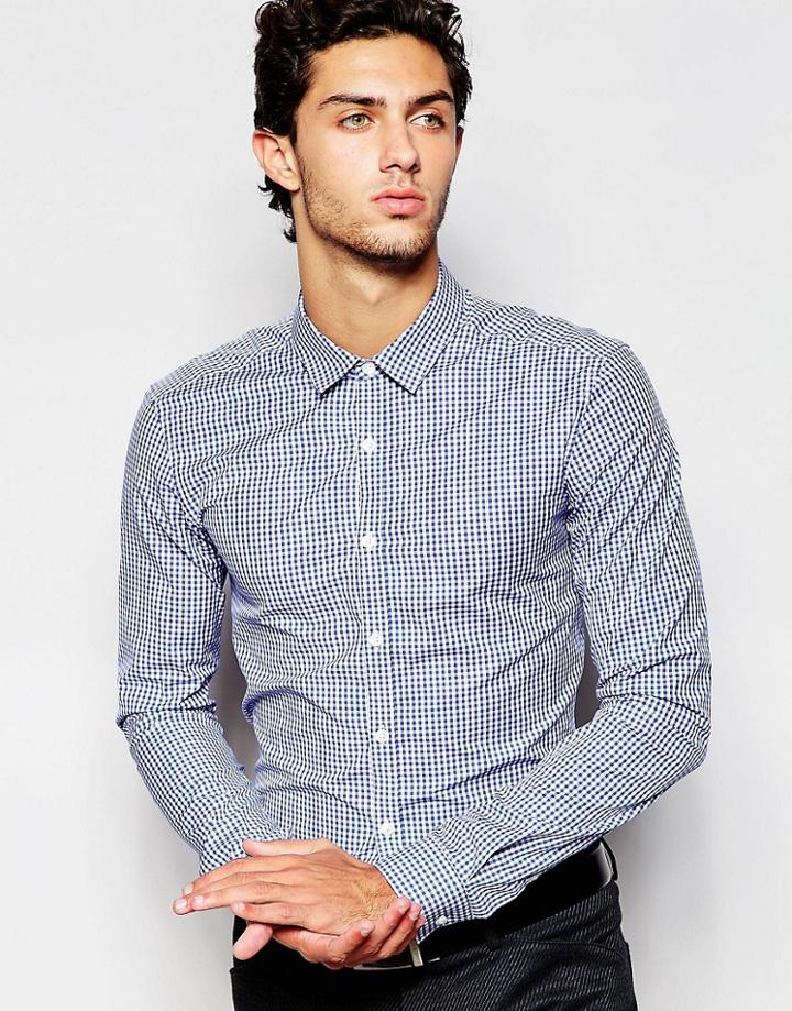 Asos Skinny Fit Shirt In Gingham Check With Long Sleeves - Blue