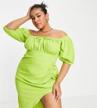 Asos Design Curve Milkmaid Neck Ruched Pencil Midi Dress In Light Green