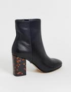 Office Aima Black Leather Mid Heeled Ankle Boots With Tortoise Print Contrast Heel