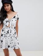 Asos Design Bardot Sundress With Tie Front In Star Print - Multi