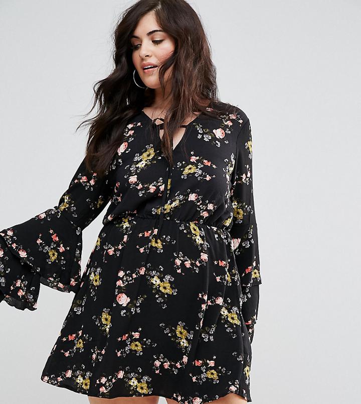 Missguided Plus Floral Print Tiered Sleeve Dress - Black