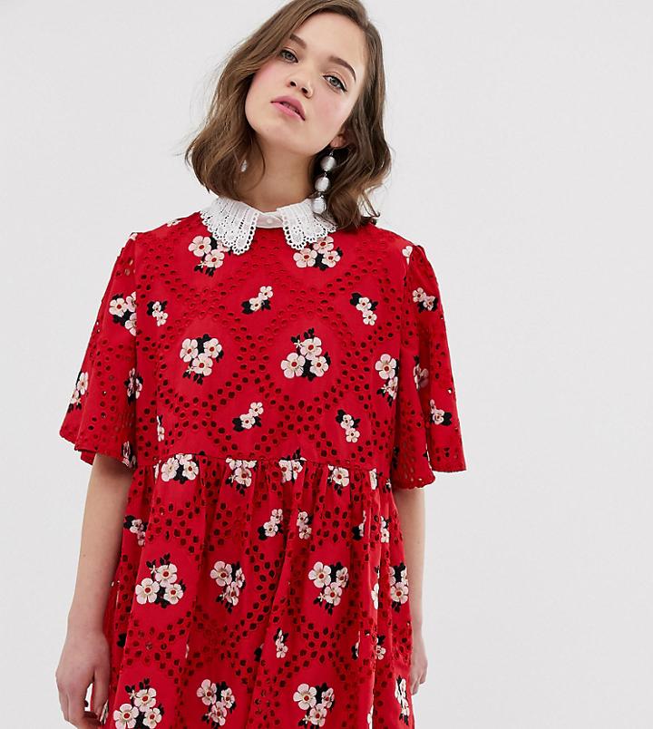 Sister Jane Relaxed Smock Dress With Lace Collar In Floral Broderie - Red