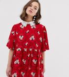 Sister Jane Relaxed Smock Dress With Lace Collar In Floral Broderie - Red