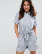 Frnch Tie Waist Shirt Front Romper - Blue