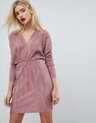 Asos Batwing V-neck Plisse Mini Dress - Pink