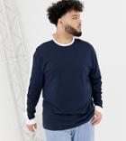 Asos Design Plus Relaxed Longline Long Sleeve T-shirt With Contrast Shoulder Panel In Navy