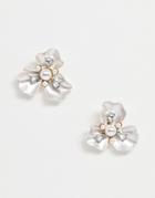 Asos Design Earrings In Floral Design With Pearl Detail In Silver Tone - Silver