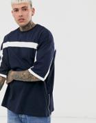 Asos Design Oversized T-shirt With Half Sleeve And Color Block And Side Zips In Navy - Navy