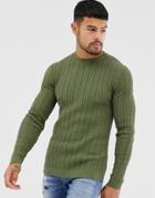Asos Design Muscle Fit Lightweight Cable Sweater In Green - Green