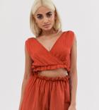 Asos Design Petite Jersey Beach Crop Top In Crinkle With Frill Hem-brown