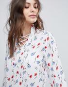 Fashion Union High Neck Tie Front Blouse In All Over Floral Print - White