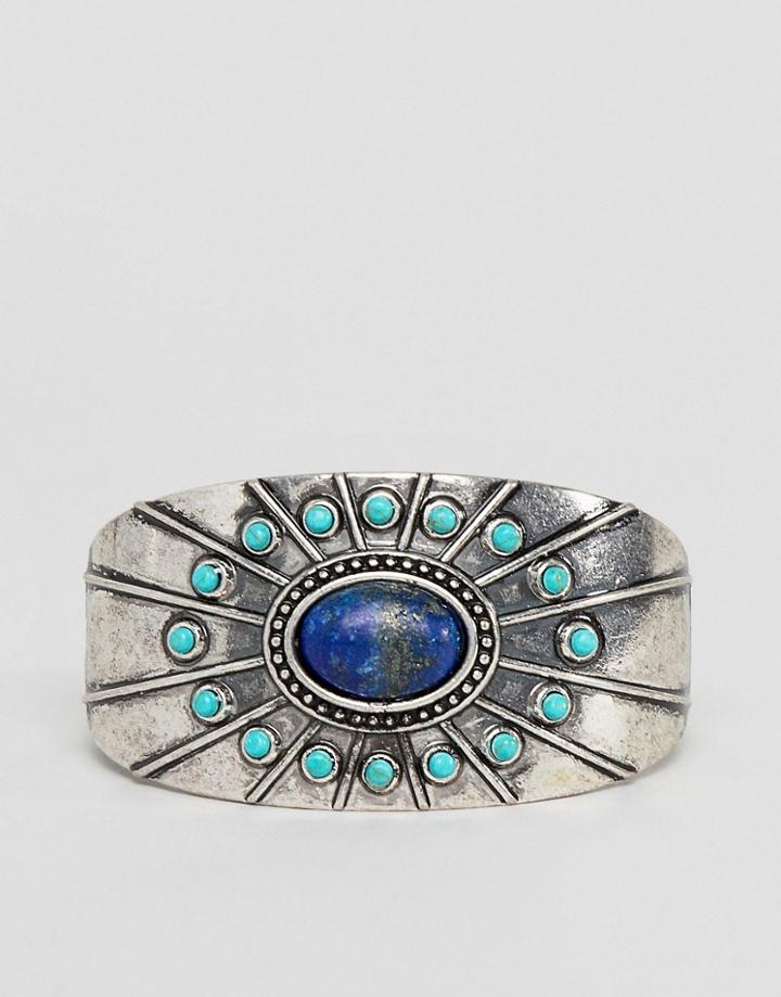 Asos Design Statement Cuff Bangle In Burnished Silver With Stones - Silver
