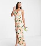 Liquorish Tall Bridesmaid Satin Wrap Maxi Dress With Belt In Peach Rose Print-pink