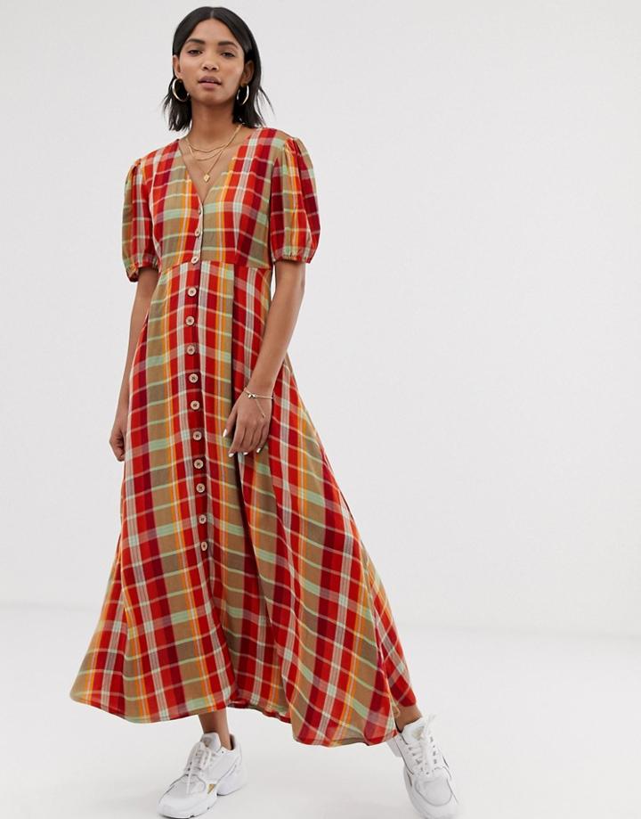 Neon Rose Maxi Tea Dress With Puff Sleeves In Bold Check - Multi