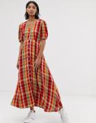 Neon Rose Maxi Tea Dress With Puff Sleeves In Bold Check - Multi