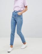 Asos Farleigh High Waist Slim Mom Jeans With Panel Seams In Mid Wash - Blue