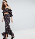 Fashion Union Tall Pants With Ruffle Hem In Vintage Floral Co-ord - Black